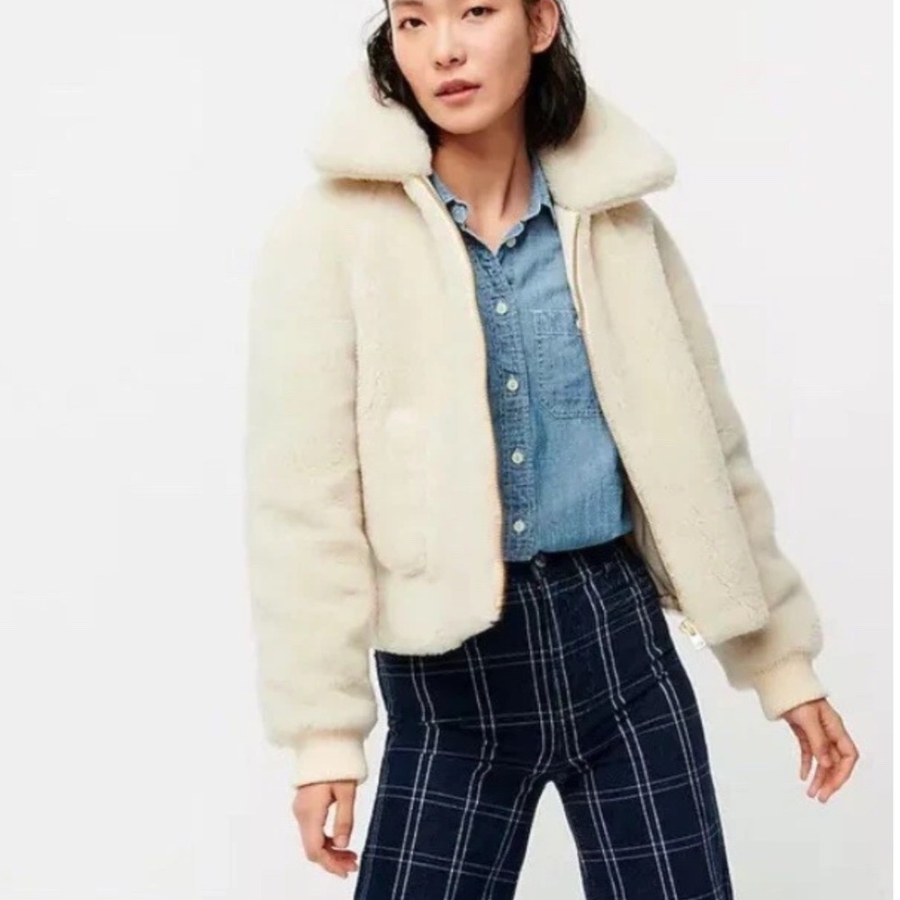 J Crew Sherpa Zip Up Bomber Jacket Cream Faux‎ Shearling Fleece NWT Womens L